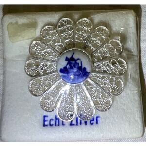 Vintage Original Sealed Silver Filigree Delft Dutch Windmill Pendant Brooch Pin